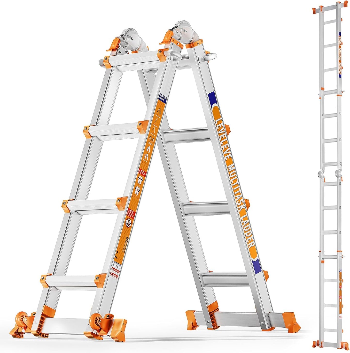 14FT Extension Ladder with Stabilizer Bar & Wheels for Safety