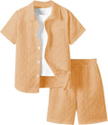 Boy's Textured Linen 2 Piece Beach Vacation Set - Short Sleeve Top