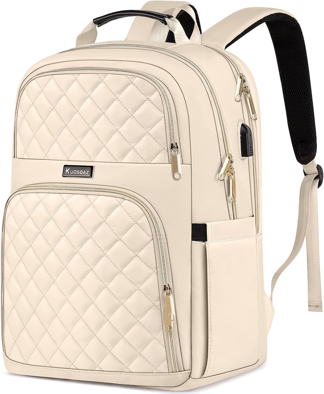 Stylish Beige Quilted Laptop Backpack for Women and Teens