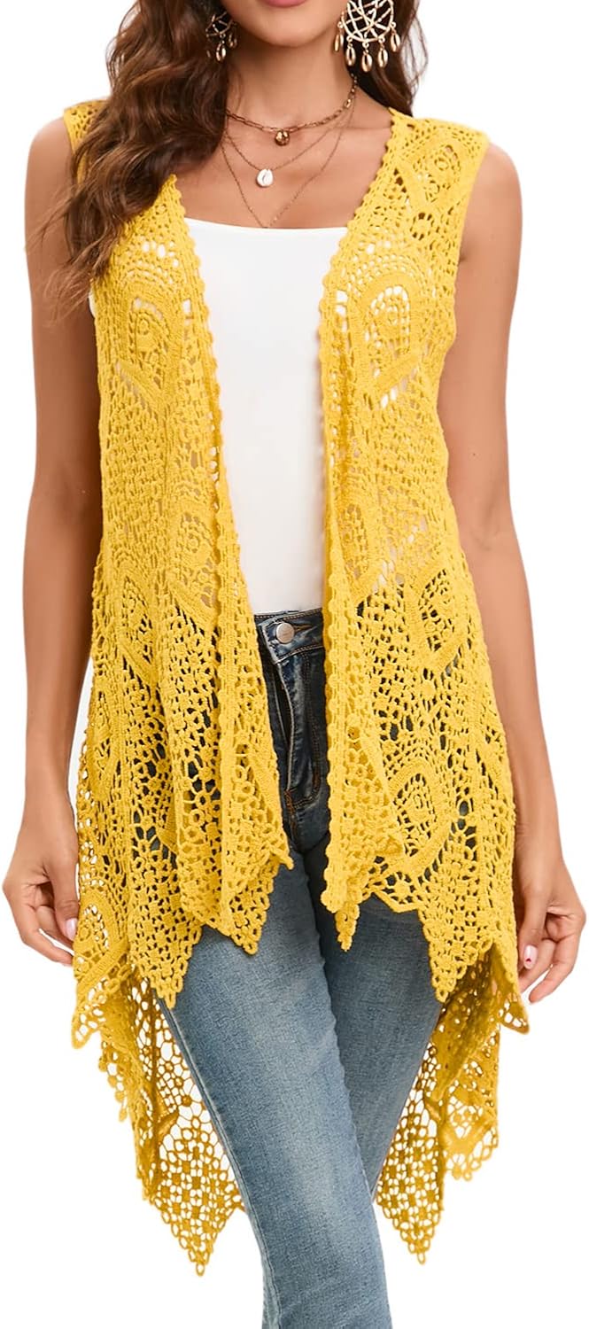 Women's Crochet Lace Vest Boho Sleeveless Kimono Cardigan