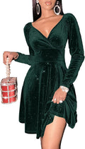Velvet Glitter Wrap V Neck Long Sleeve Skater Mini Dress - Party Ready