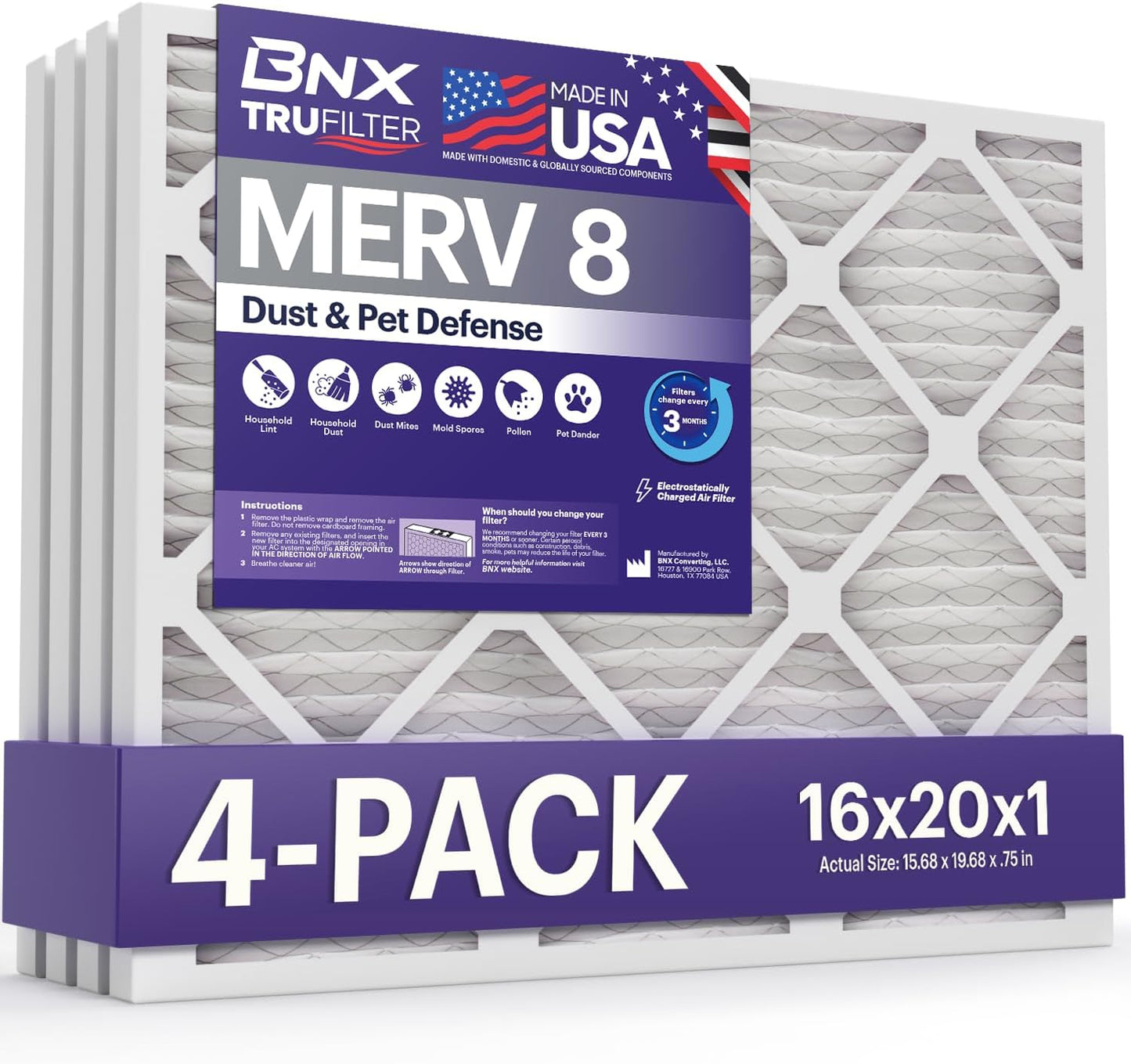 BNX TruFilter 16x20x1 Air Filter MERV 8 for Dust & Pet Defense