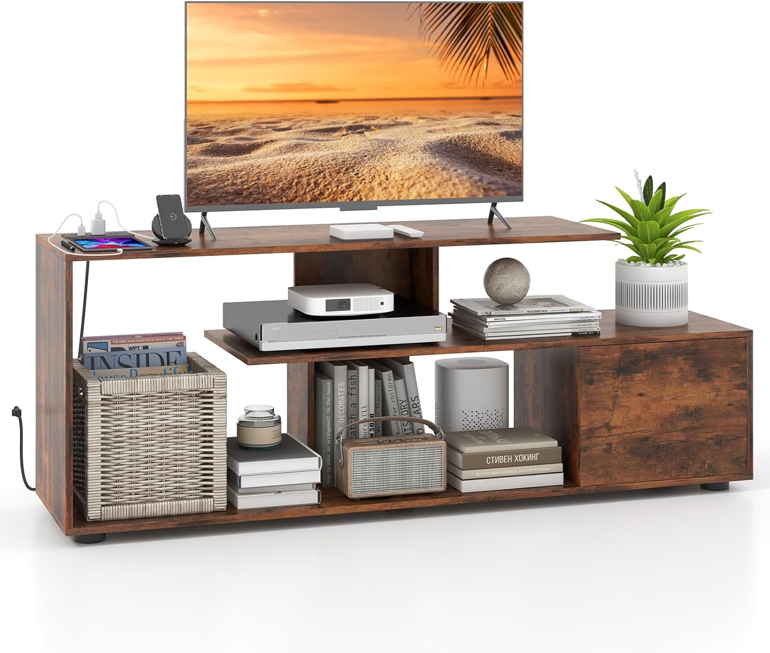 Rustic Brown 3-Tier TV Stand: Organize, Charge, Entertain!