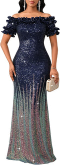 Women Sexy Sequin Off Shoulder Ruffle Bodycon Mermaid Maxi Dress wear