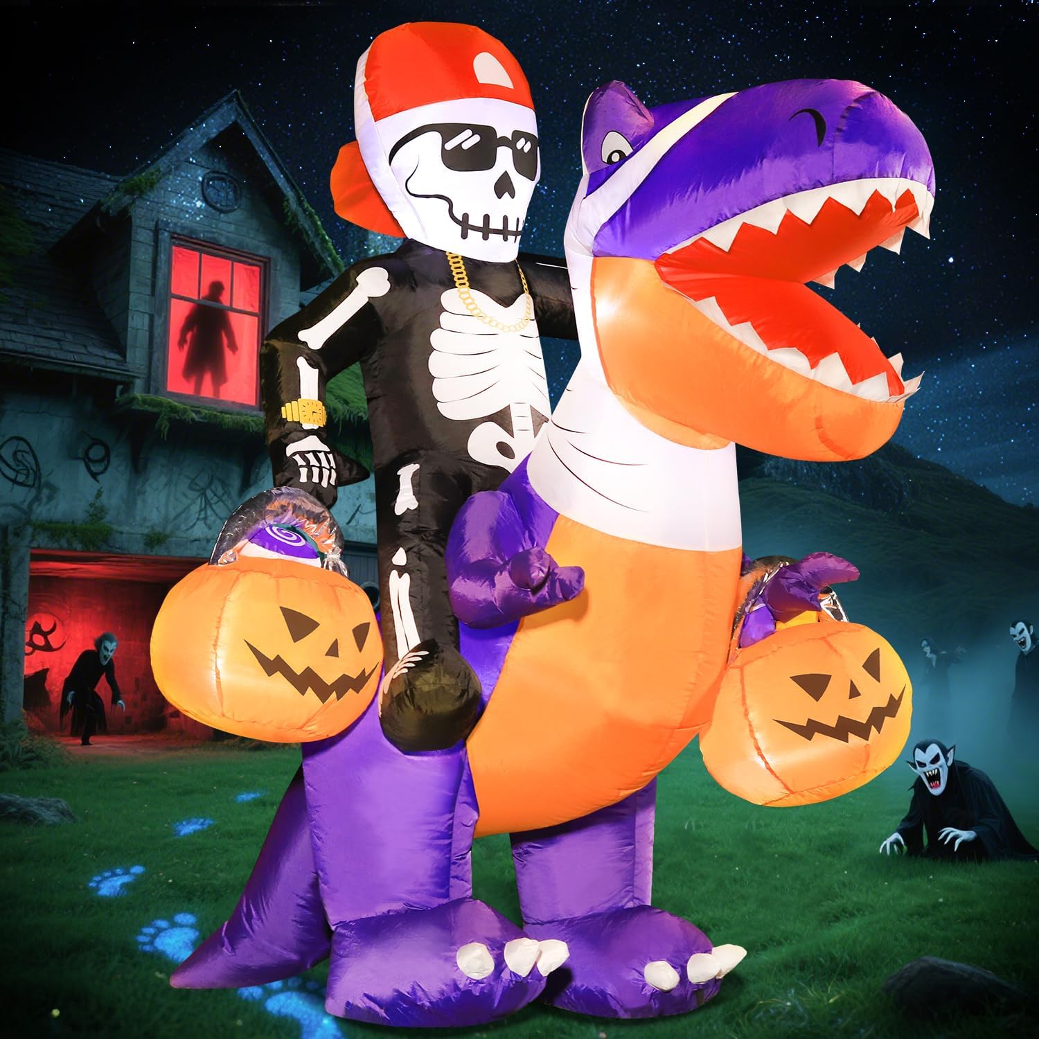 Halloween Inflatable Skeleton Knight Riding Dinosaur for Yard Decor