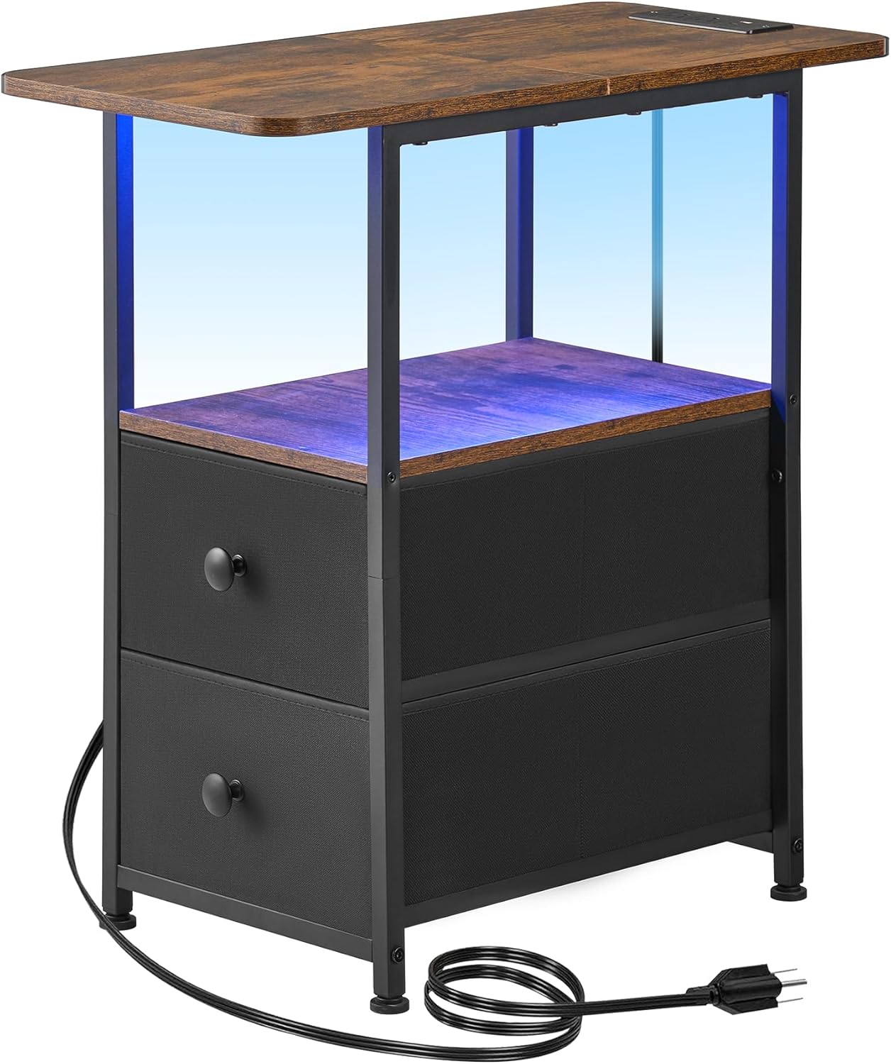 Narrow End Table with Charging Station and LED Light Features