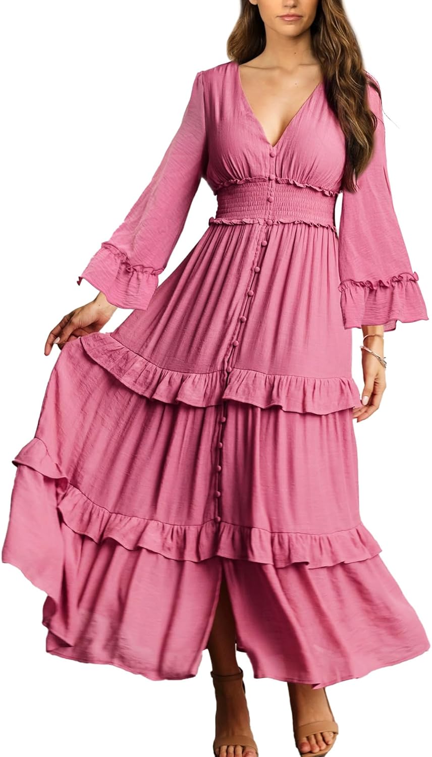 Amegoya Women's V Neck Long Sleeve Boho Maxi Dress for Summer