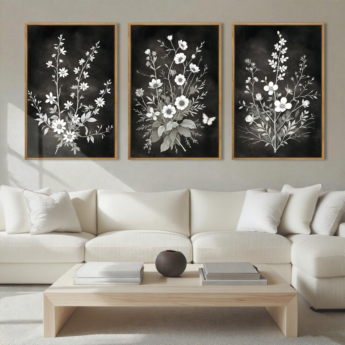 BINCUE Framed Black and White Floral Wall Art Set of 3 Decor
