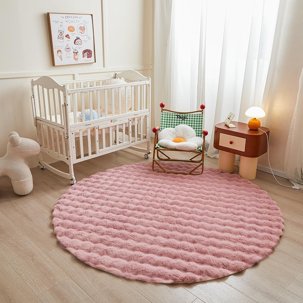 Pink Round Rabbit Plush Rug for Bedroom & Living Room Decor