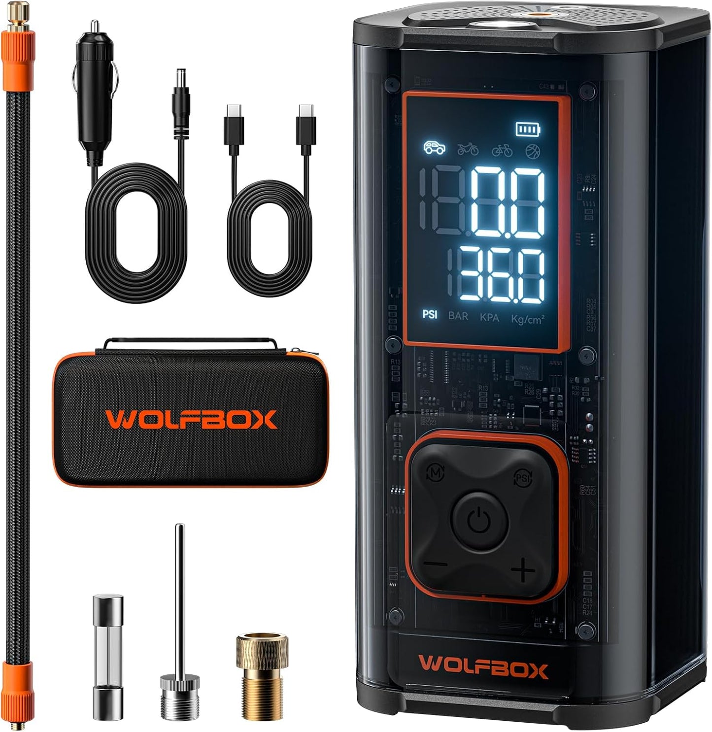 WOLFBOX 12000mAh Portable Air Compressor - Fast Inflation, LED Display
