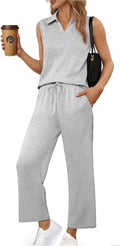 Two Piece Lounge Set for Women Sleeveless V Neck Wide Leg Pant