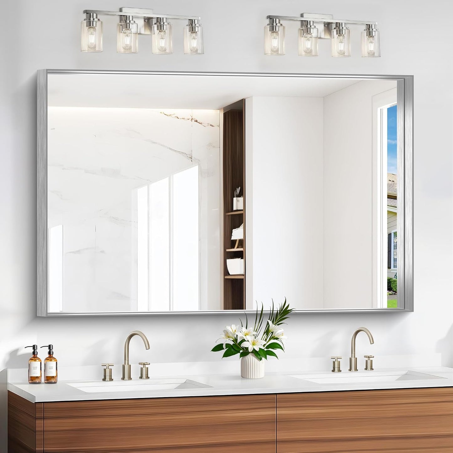 Silver Bathroom Mirror with Deep Frame for Modern Spaces