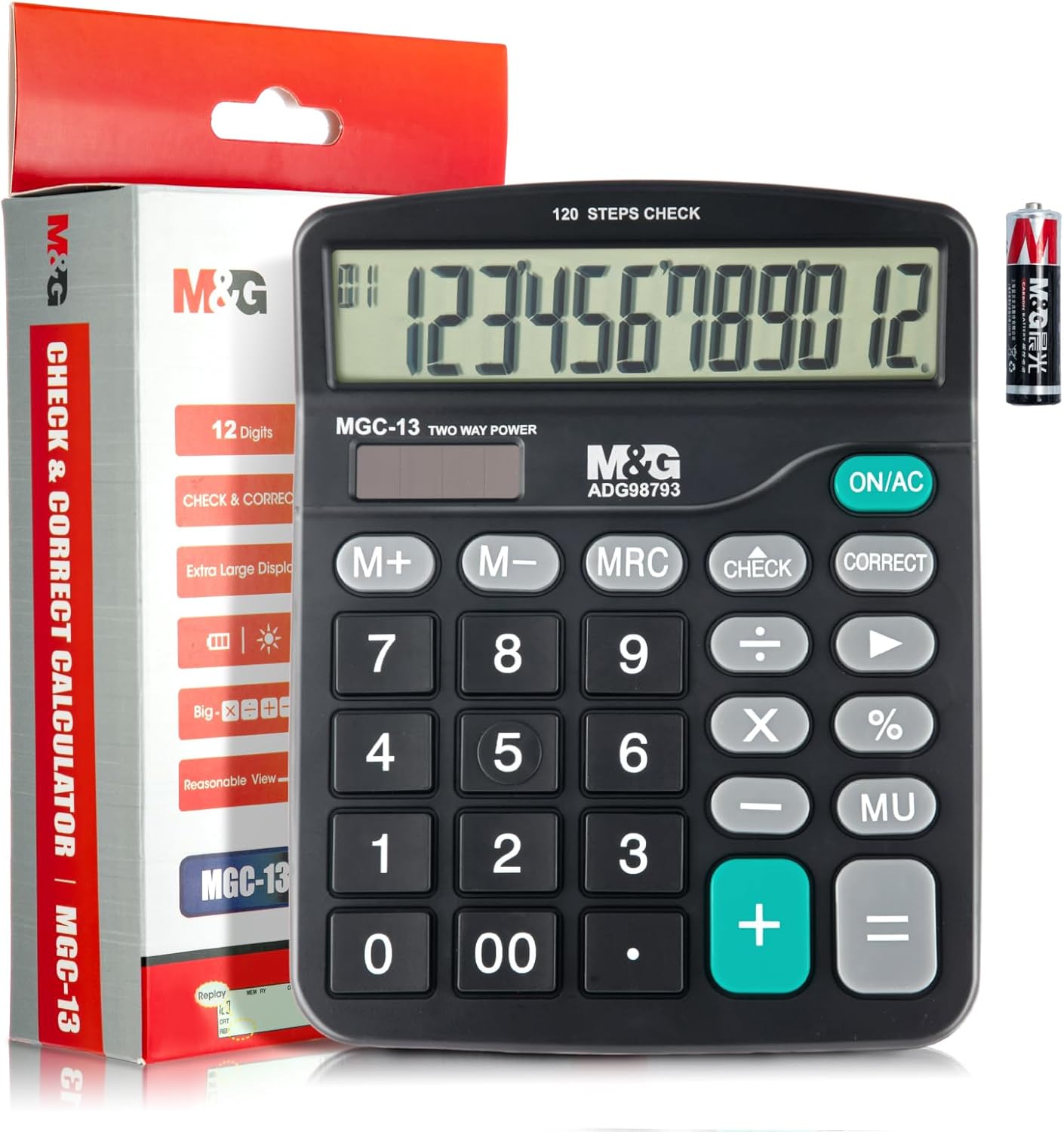12-Digit M&G Office Calculator - Check & Correct, Dual Power, Large Display