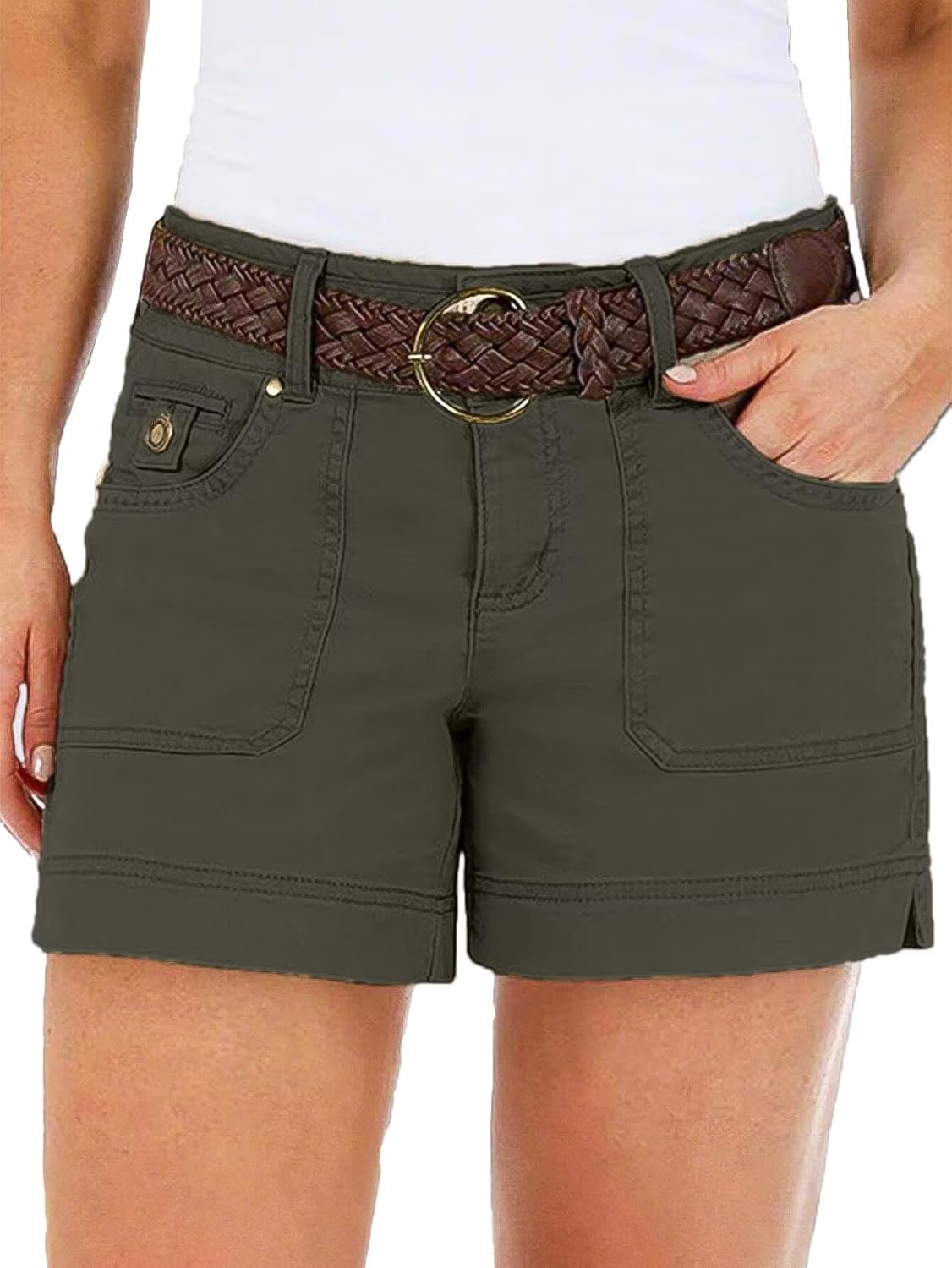 Flamingals Women's Mid Waist Casual Shorts with Flap Pockets