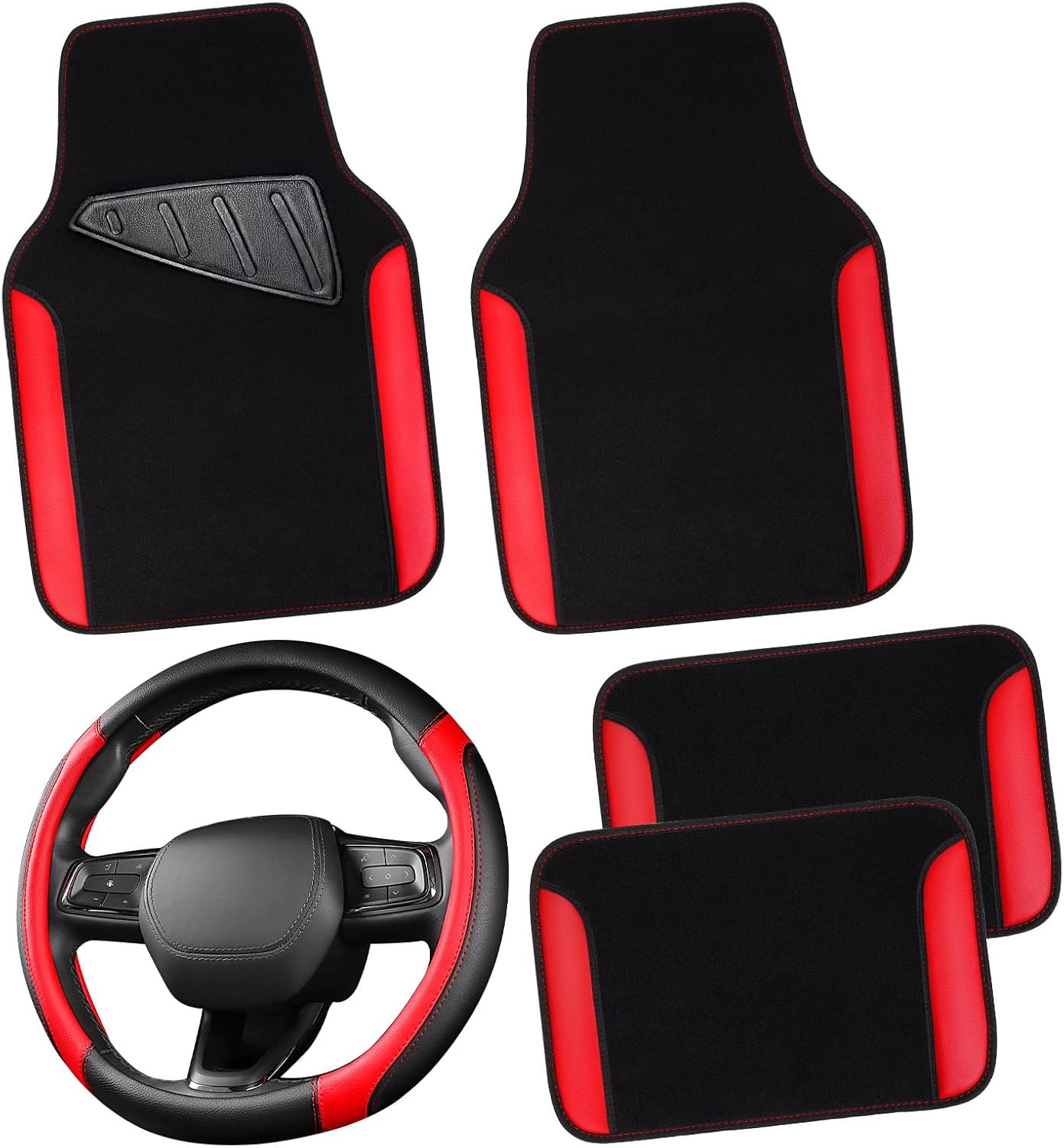 CAR PASS Faux Leather Steering Wheel Cover and Floor Mats Combo