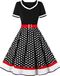 1950s Retro Black and White Polka Dot Swing Dress with Red Belt
