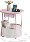 VASAGLE Side Table with Charging Station - Compact Round Nightstand