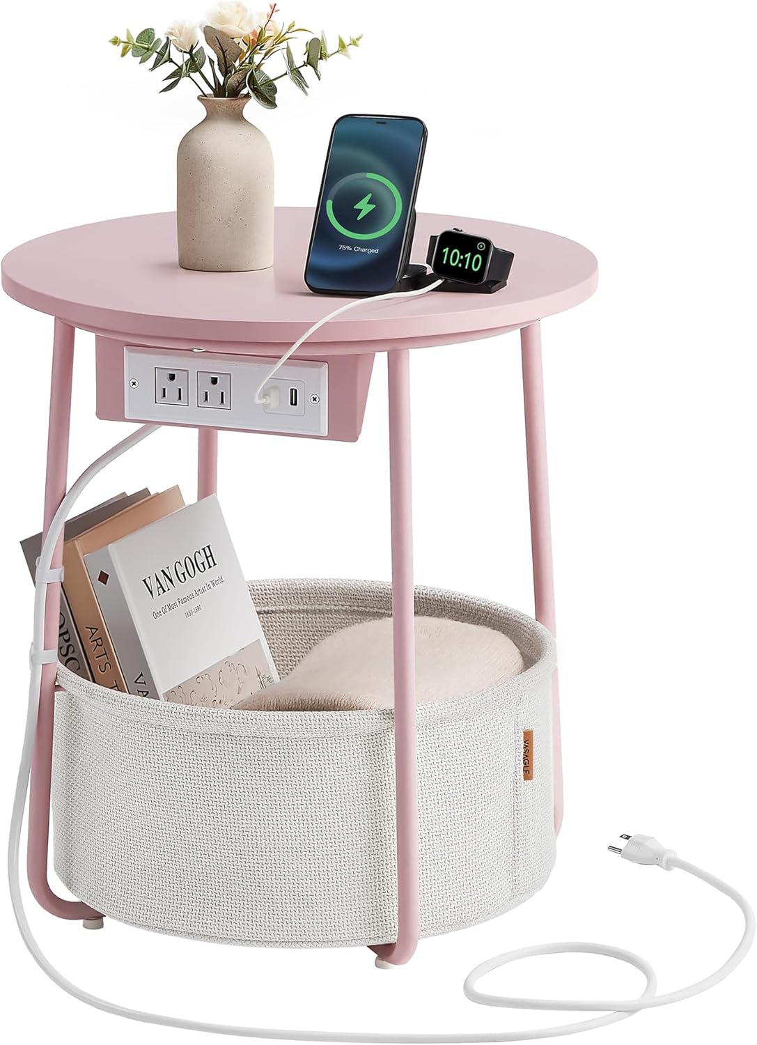 VASAGLE Side Table with Charging Station and Fabric Basket