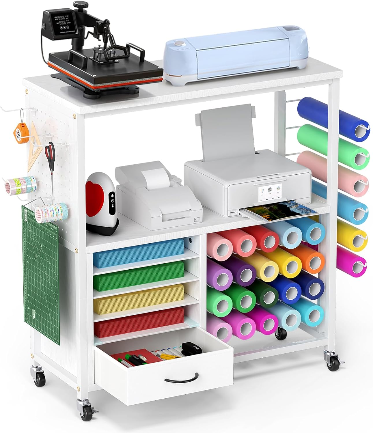 Craft Storage Cart with Drawer and Vinyl Roll Holder for Cricut