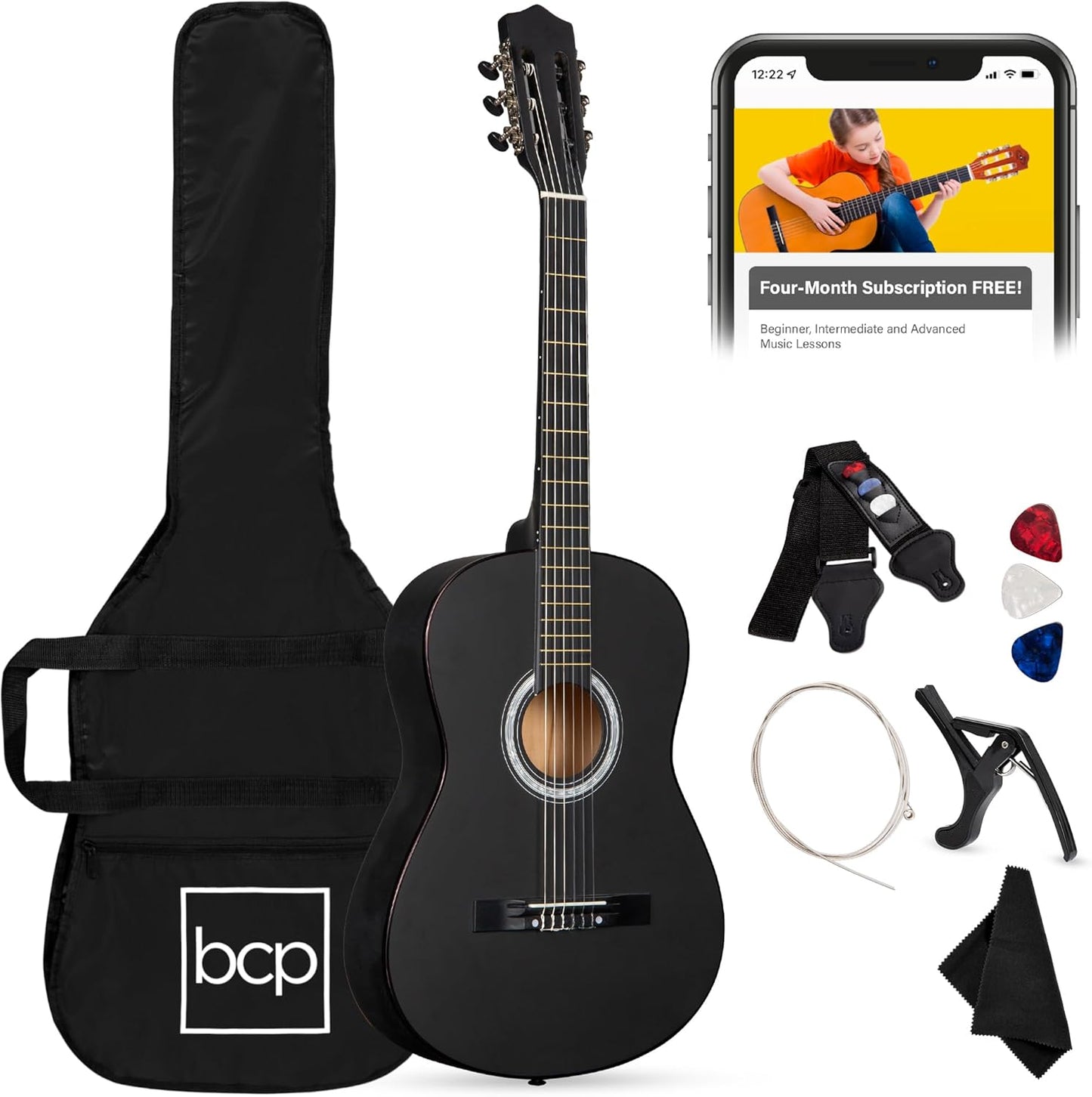 Wood Acoustic Guitar Starter Kit - Black