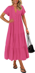 Summer Maxi Dresses for Women 2025 - Flowy Tiered Button V Dress