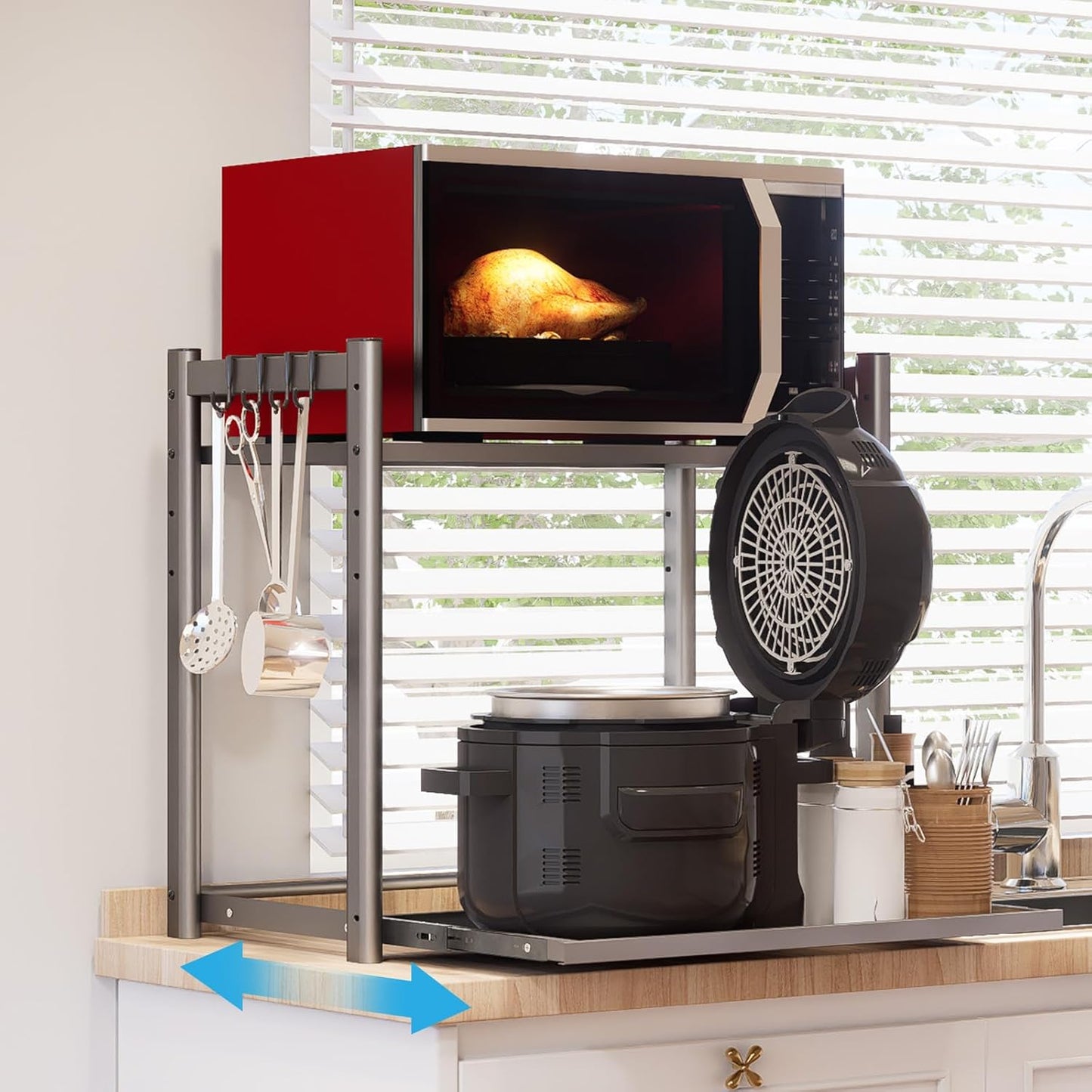 Adjustable Microwave Stand with Pull-Out Tray - Organize and Maximize Space