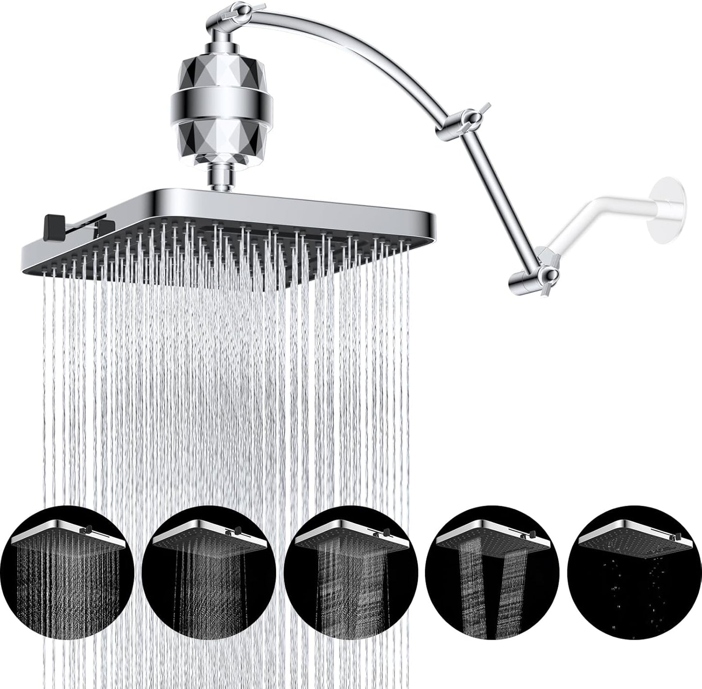 Hibbent Rain Filtered Shower Head with 5 Modes and Extension Arm