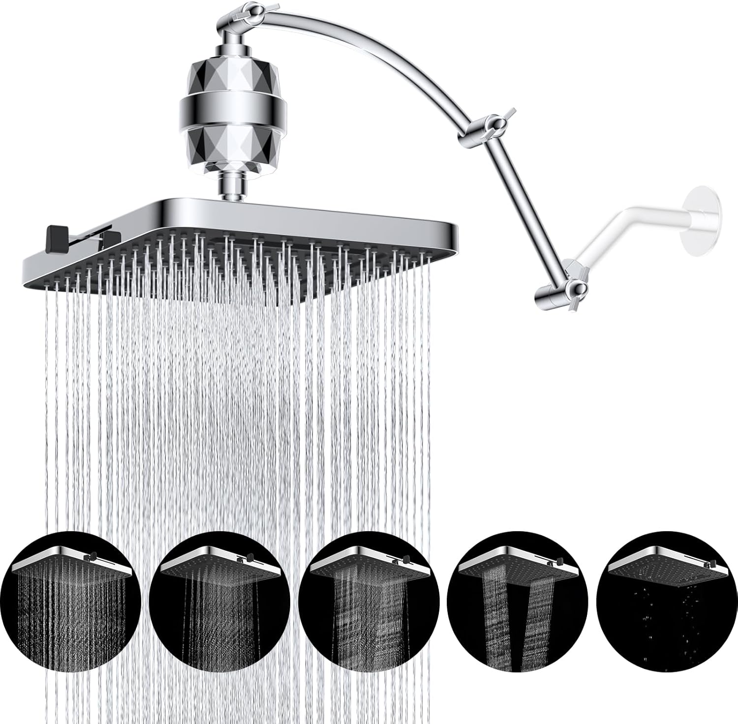 Hibbent Rain Filtered Shower Head with 5 Modes and Extension Arm