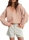 Striped Checkered V Neck Sweater for Women - Casual Fall Pullover soft
