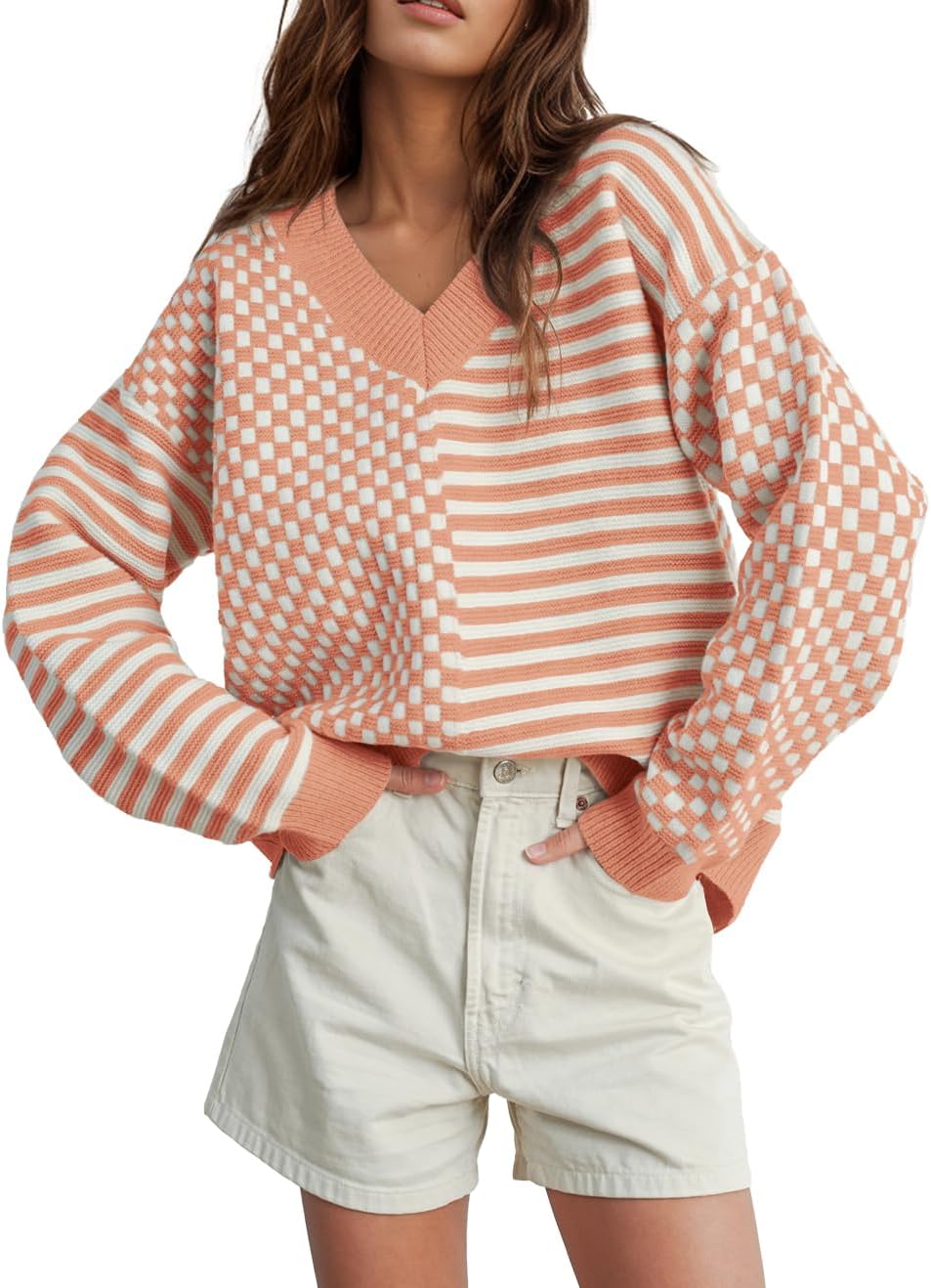 UNCLECAT Women's Striped Checkered Sweater for Trendy Fall Style