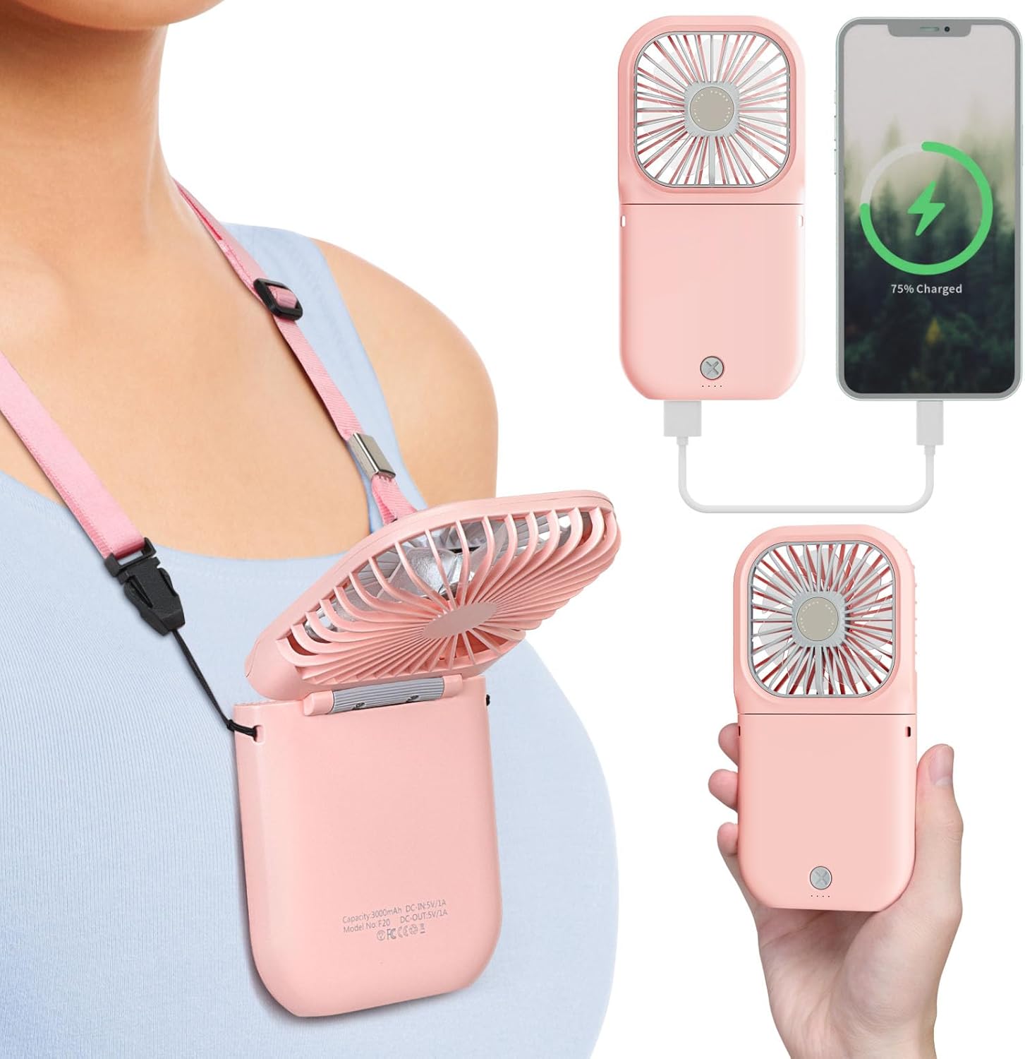 Compact Rechargeable Mini Fan - 3 Speeds, Portable & Pink