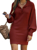 Women V Neck Knit Mini Sweater Dress - Casual Long Sleeve Comfort