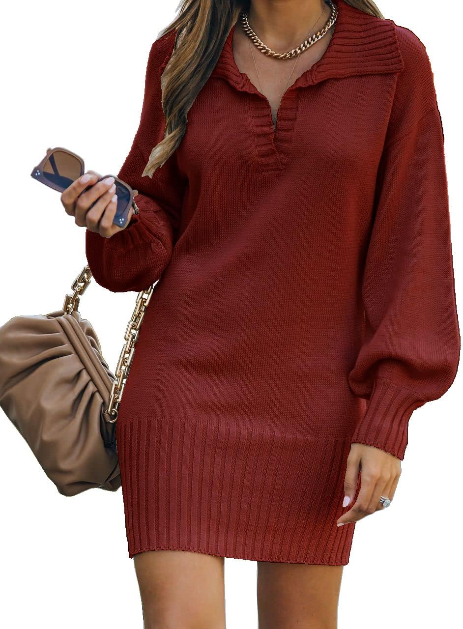 Stylish V Neck Knit Mini Sweater Dress for Women in Fall