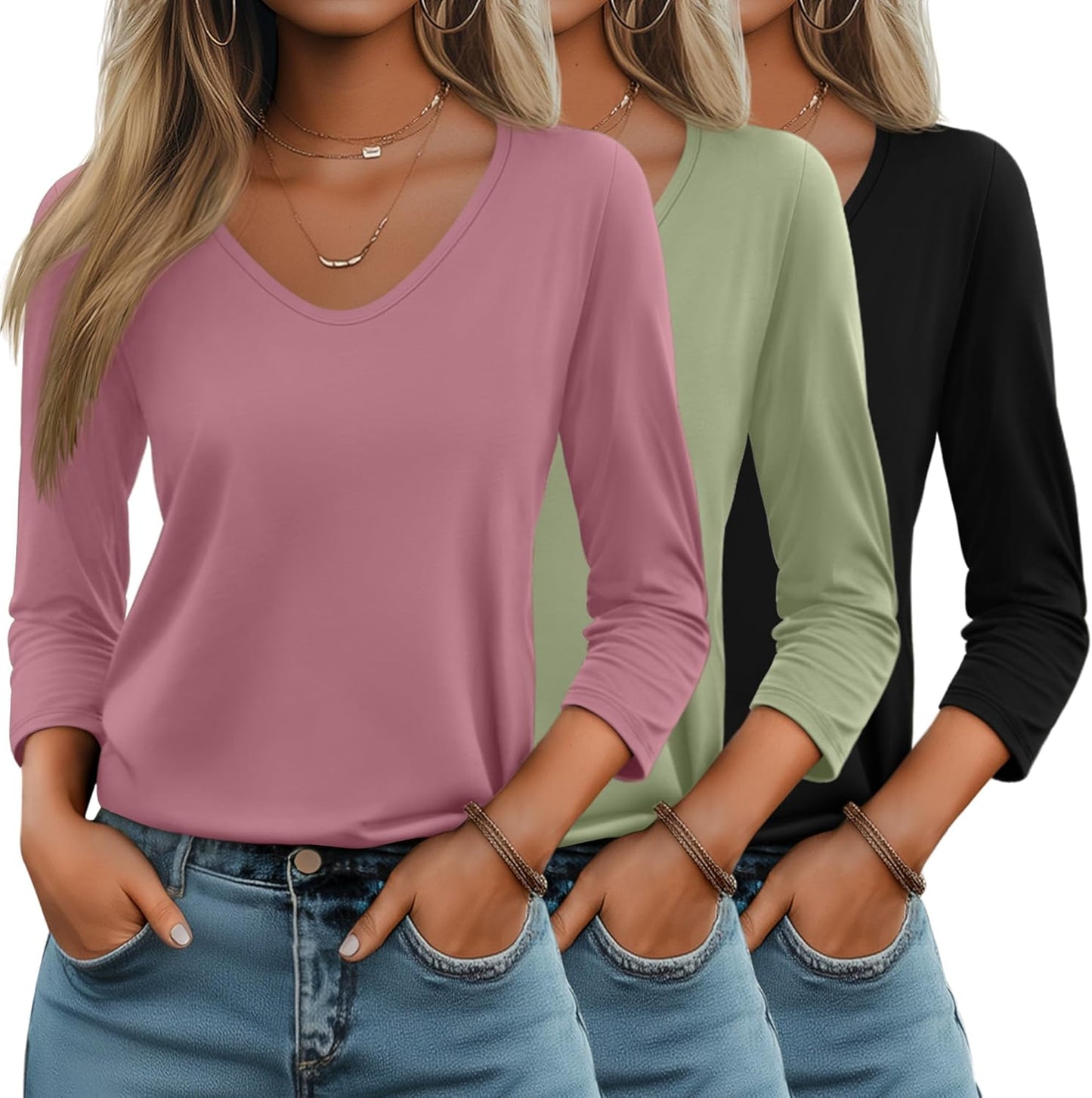 Huukeay Women's 3/4 Sleeve V Neck T-Shirts for Casual Style