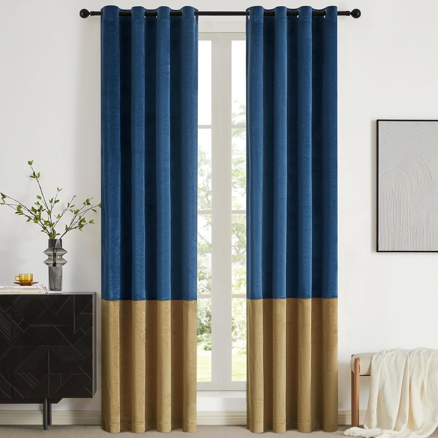 Navy Blue Gold Velvet Color Block Window Curtains for Home