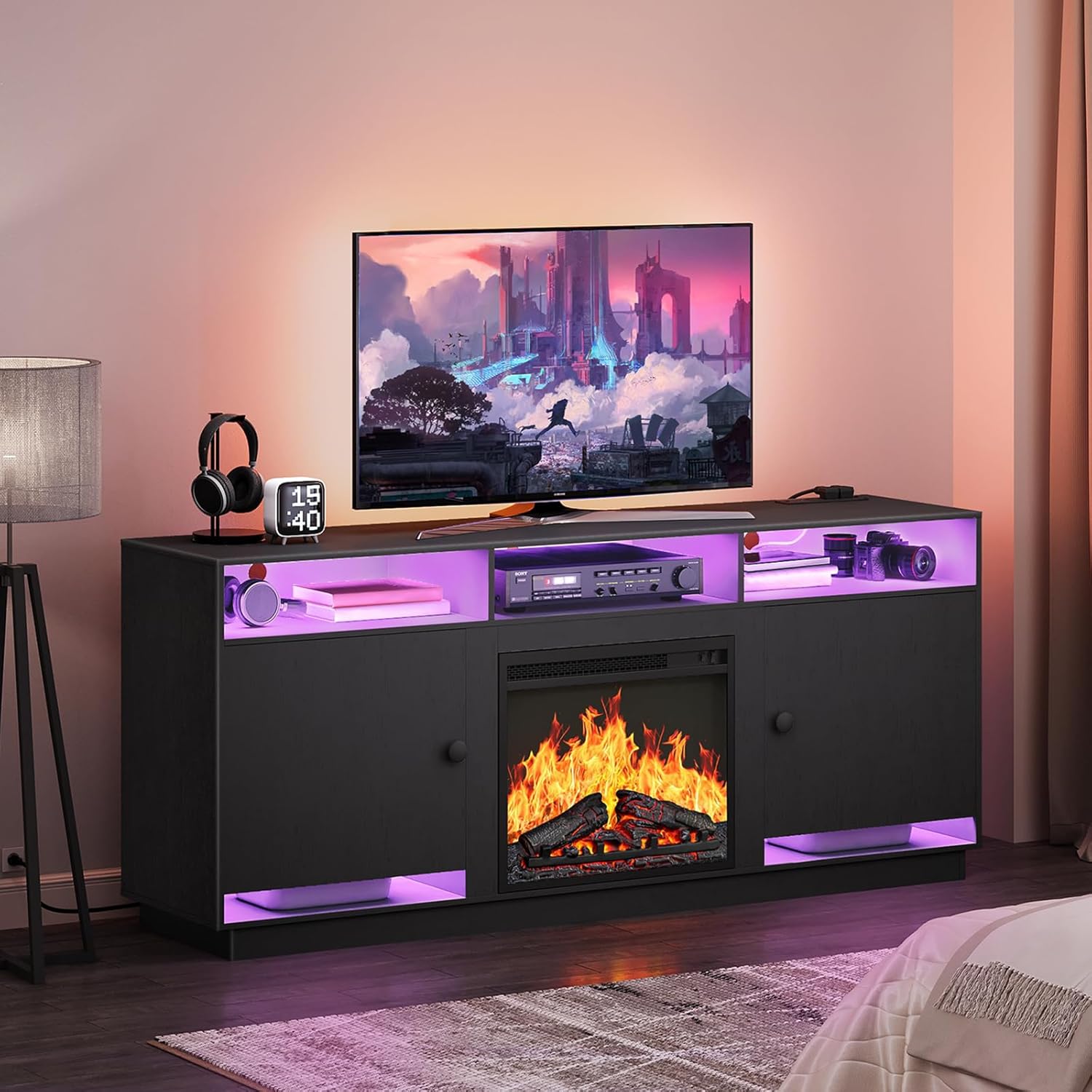 HOOBRO Electric Fireplace TV Stand | Charging Station & LED Lights | Fits 32-65 TVs