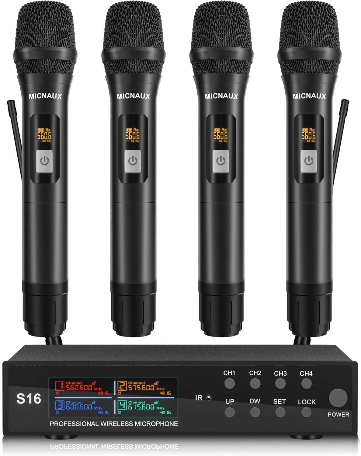 Wireless Microphone System with 4 Channel UHF Mics Set