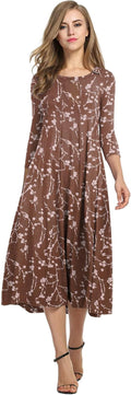 Women's 3/4 Sleeve A-line Midi Dress - Flowy Pleated Rayon Fit