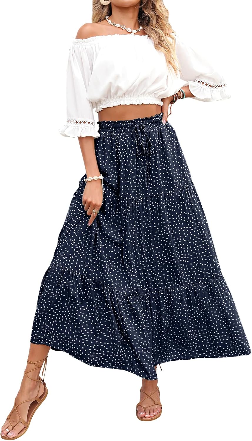 ZESICA Women's Bohemian Floral Printed Maxi Skirt with Pockets