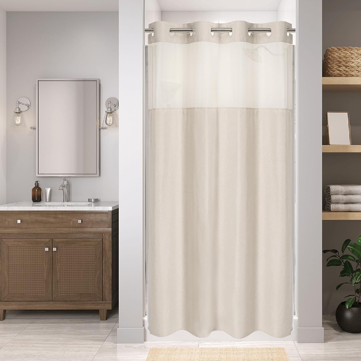 Linen Textured Shower Curtain Set - Waterproof & Washable Decor