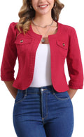 Allegra K Denim Jacket Collarless 3/4 Sleeve Crop Jean Jacket - Chic
