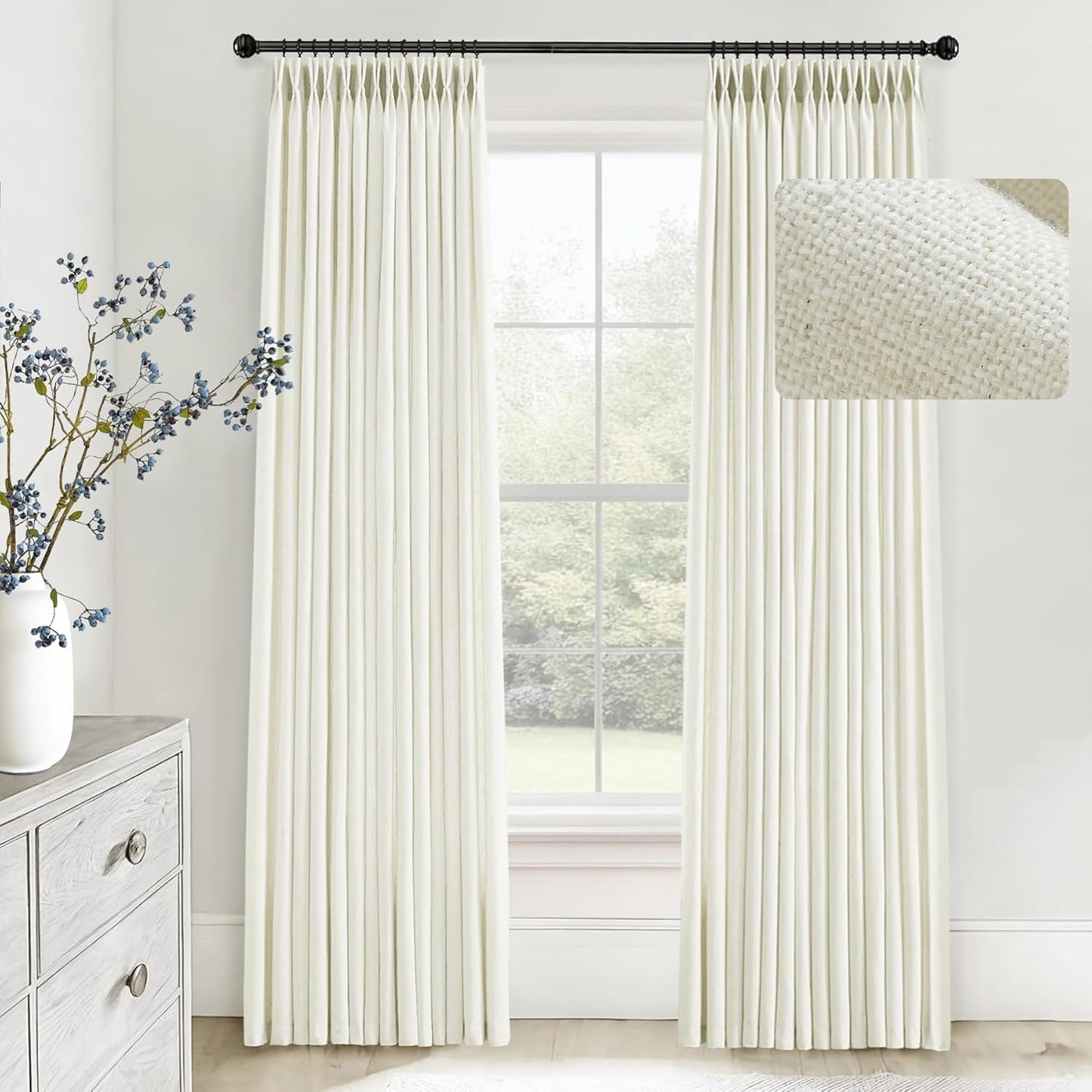 LIMON HOME Cream Pinch Pleated Linen Curtains for Living Room