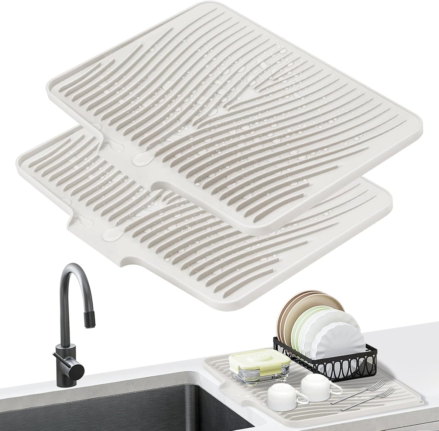 Dish Drying Mat Set for Kitchen Counter with Built-in Drain