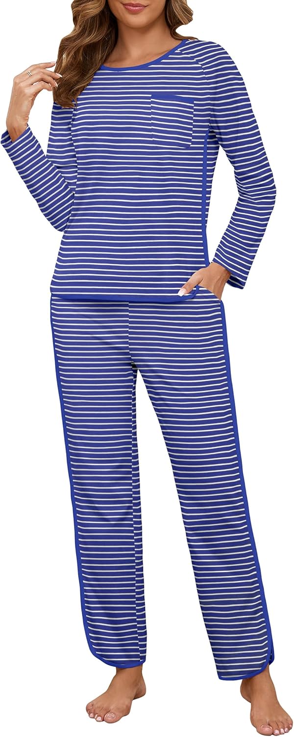 Womens Cotton Pajama Sets Stripe 2 Piece Lounge Set for Comfort