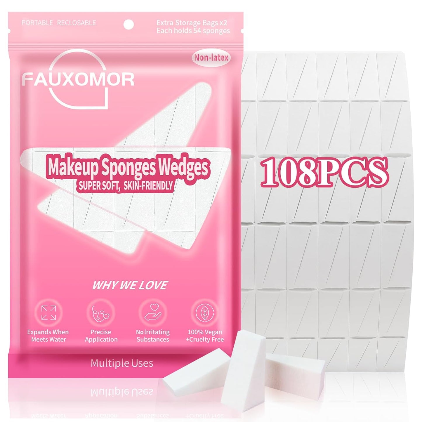 Flawless Face with 108 Latex-Free Makeup Sponges by Fauxomor