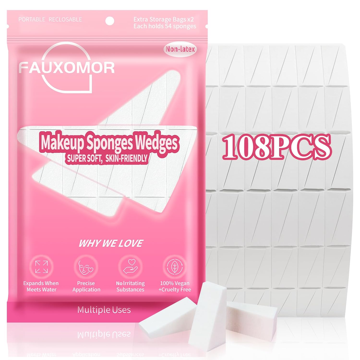 Flawless Face with 108 Latex-Free Makeup Sponges by Fauxomor
