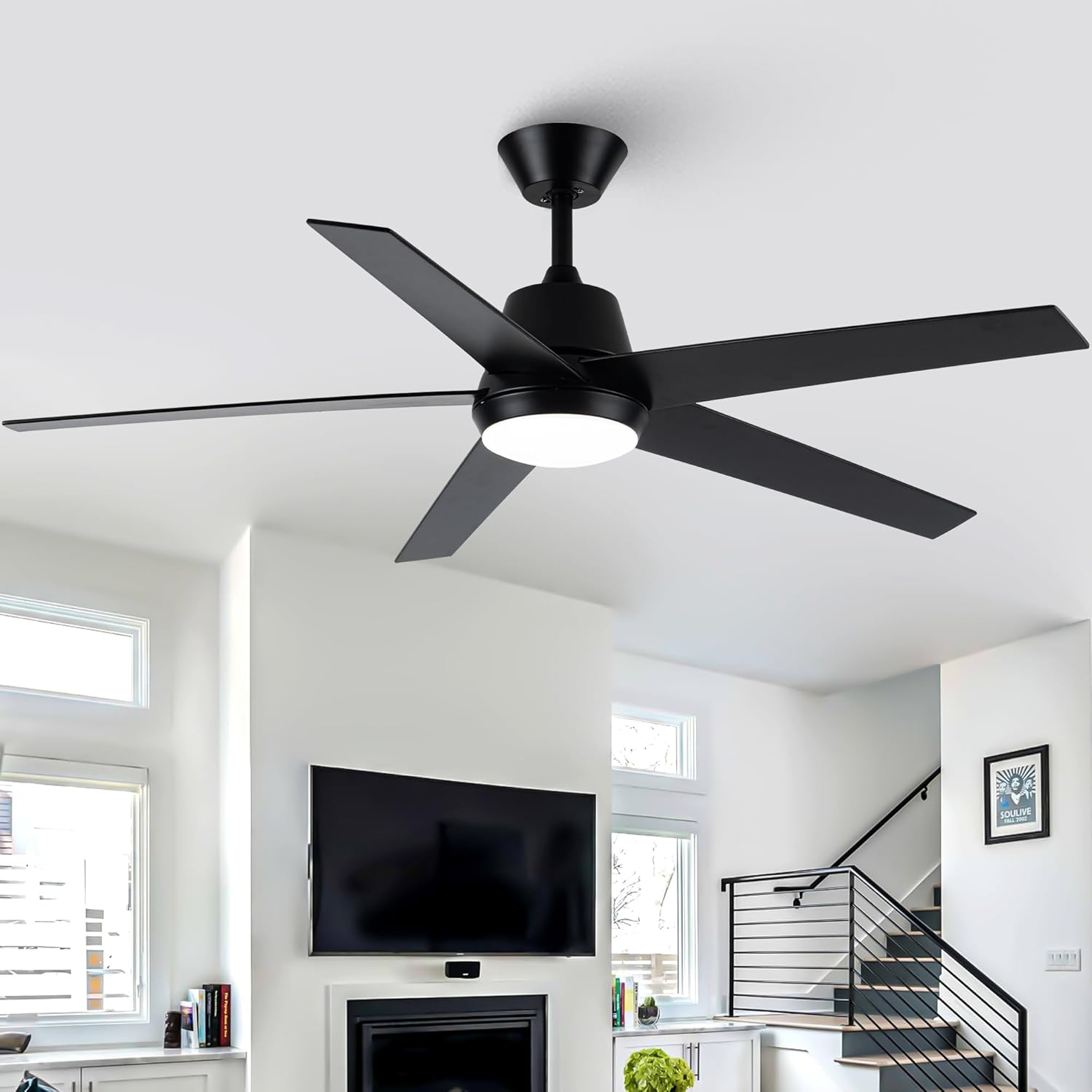 52 Inch Black Ceiling Fan with Lights and Remote Control