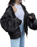 Faux Leather Motorcycle Jacket Oversized Zip Up Winter Coat - Warm 0-2