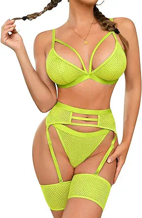 Popiv Women's Fishnet Lingerie Set with Garter Belt for Seduction