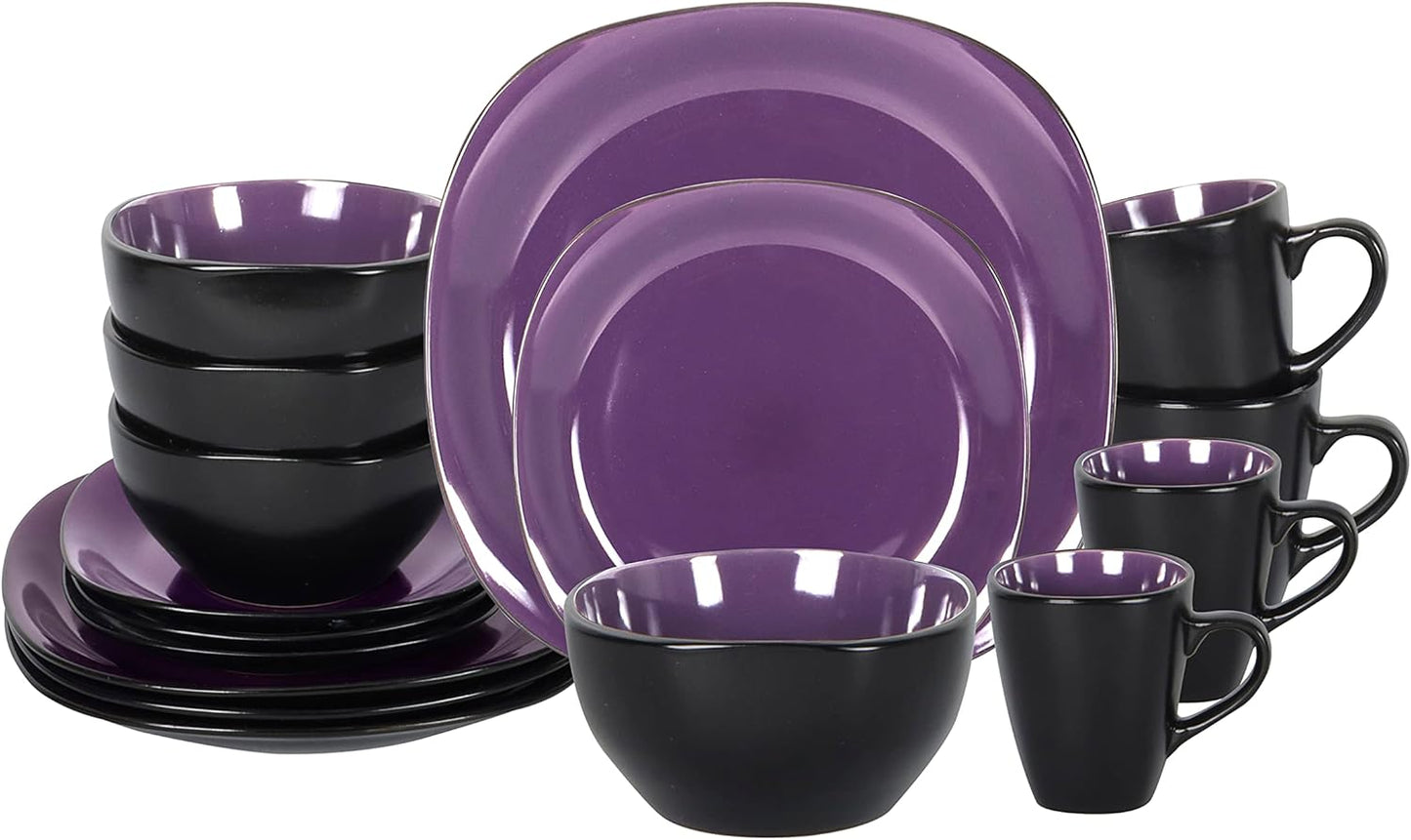 Stoneware Square 16pc Dinnerware Set in Shiny Purple & Matte Black